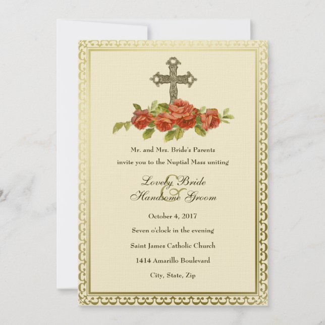 Katholische Vintage Rose zur Hochzeit Einladung (Vorderseite)