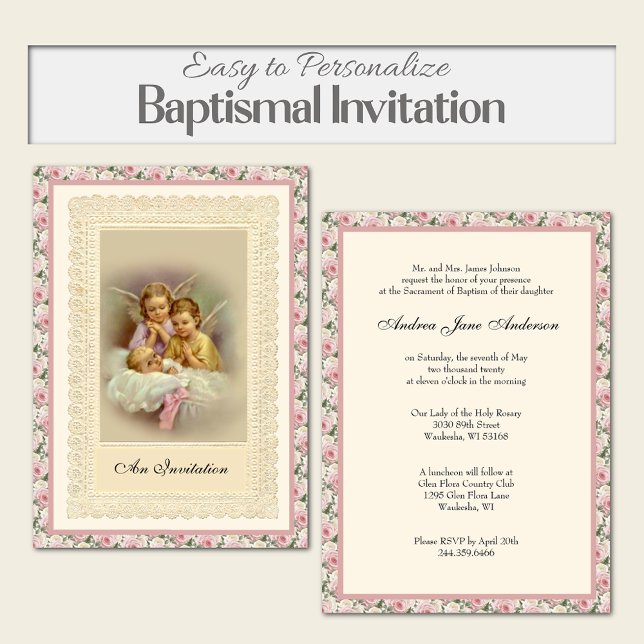 Katholische Vintage Taufe für Mädchen Einladung (Beautiful religious vintage angels baptismal invitation with pink roses)