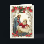 Katholische Weihnachten Jesus Mary Joseph Rosary Karte<br><div class="desc">Dies ist ein wunderschönes Vintages katholisches Bild von St. Joseph, der gesegneten Jungfrau Mary mit dem Baby Jesus mit poinsettias überlagert auf einem Vintagen Rahmen. Im Inneren ist ein schönes Weihnachtsgedicht über die Krippe. Unterhalb des Verses ist eine Kerze mit Poinsettia und heiligen Rosenkranz. Alle Texte und Schriftart können geändert...</div>