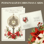 Katholische Weihnachtsjucharistin Poinsettia Flora Feiertagskarte<br><div class="desc">In einem goldenen Kloster mit roter Poinsettia und einem Blumenstrauß mit einem wunderschönen Vintage-Bild des Heiligen Eucharisten. Ein weiterer schöner Weihnachtsbouquet ist innen mit einem Schriftzug Vers unten. Alle Texte können geändert werden.</div>