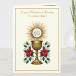 Katholische Weihnachtsjucharistin Poinsettia Flora Feiertagskarte<br><div class="desc">Ein schönes Bild des Heiligen Eucharisten aus dem Jahrgang über einem goldenen Kreide mit roten Poinsettien. Alle Texte können geändert werden.</div>