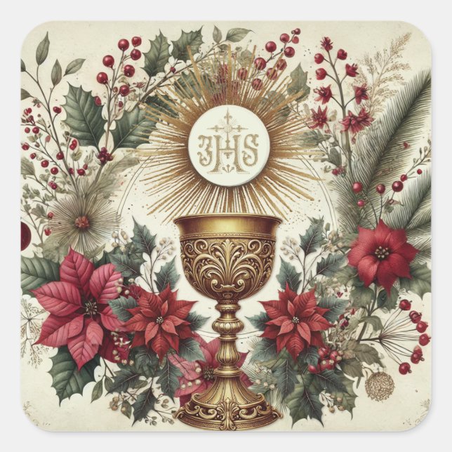 Katholische Weihnachtssticker Eucharist Poinsettia Quadratischer Aufkleber (Vorderseite)
