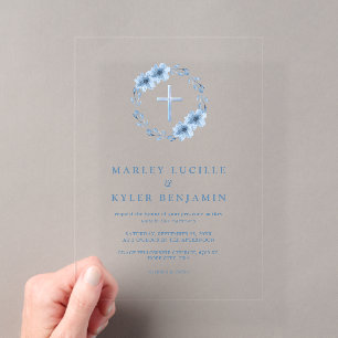Katholischer Dusty Blue Floral Cross Wedding Minim Acryleinladungen