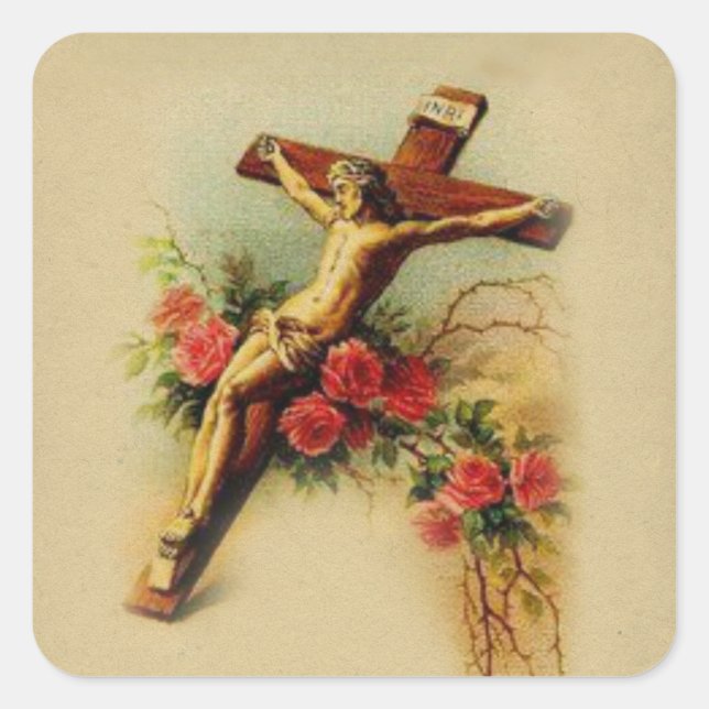Katholischer Jesus auf grausamen Rose Quadratischer Aufkleber (Vorderseite)