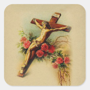 Katholischer Jesus auf Kruzifix-Rosen Quadratischer Aufkleber