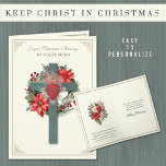 Katholischer Priester Poinsettia Kreuz Herz Jesu Feiertagskarte<br><div class="desc">Mit einem wunderschönen Vintage-Bild des Heiligen Herzens Jesu überlagerte sich auf einem Kreuz mit einem roten Poinsettia Weihnachtsblumenstrauß hinter sich. Ein weiterer schöner Weihnachtsbouquet ist innen mit einem Schriftzug Vers unten. Alle Texte können geändert werden.</div>