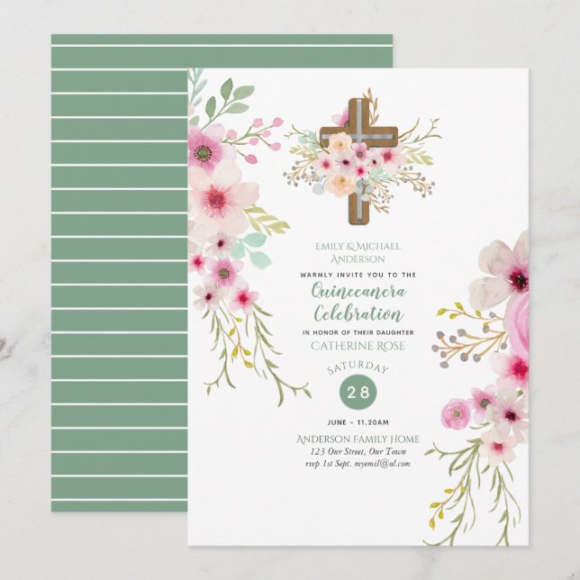 Katholisches Blumenkreuz Quinceanera Einladung Sag (Vorne/Hinten)