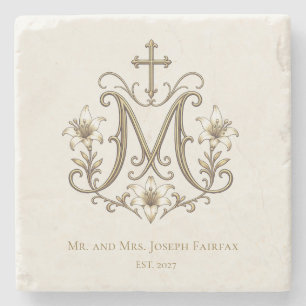 Katholisches Gold-Marianum-Kreuz-Monogramm Steinuntersetzer