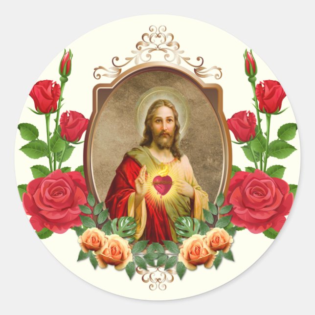 Katholisches Heiliges Herz Jesus Rose Elegant Runder Aufkleber (Vorderseite)