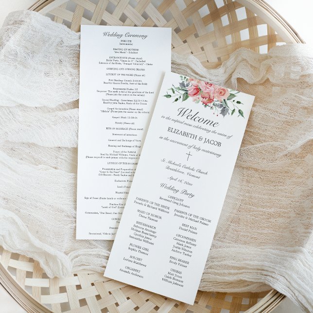 Katholisches Hochzeitsprogramm mit Messe von Eliza (ELizabeth, classic, elegant Catholic wedding program with full mass with pink watercolor flowers)