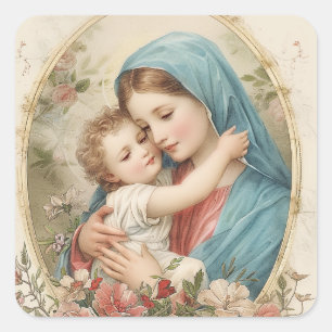 Katholisches Maria Jesus Baby Blumenmuster  Quadratischer Aufkleber