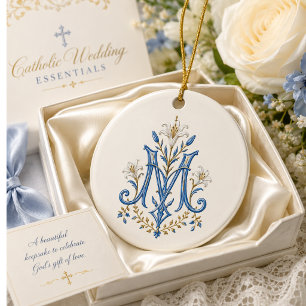 Katholisches Marianisches Monogramm Blaues Blumenm Keramik Ornament
