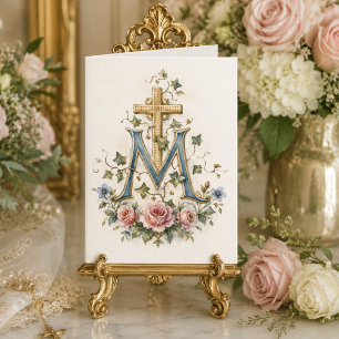 Katholisches Marienkreuz Blumen-Schriftzug-Monogra Dankeskarte