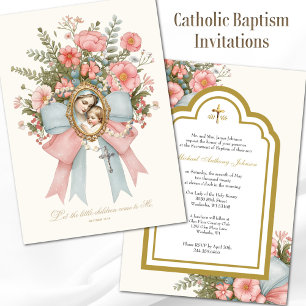 Katholisches Taufblumen-Maria-und-Jesus Einladung