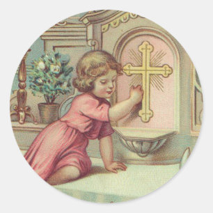 Katholisches Vintages Kind am Tabernacle-Altar Runder Aufkleber