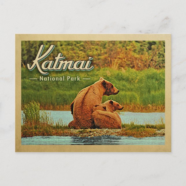 Katmai National Park Bears Vintag Postkarte (Vorderseite)