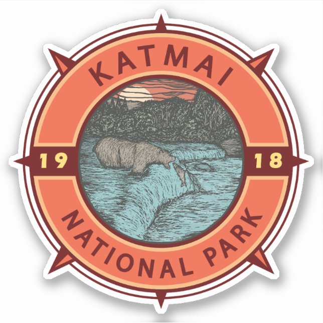 Katmai National Park Grizzly Bear Retro Compass Aufkleber (Vorderseite)