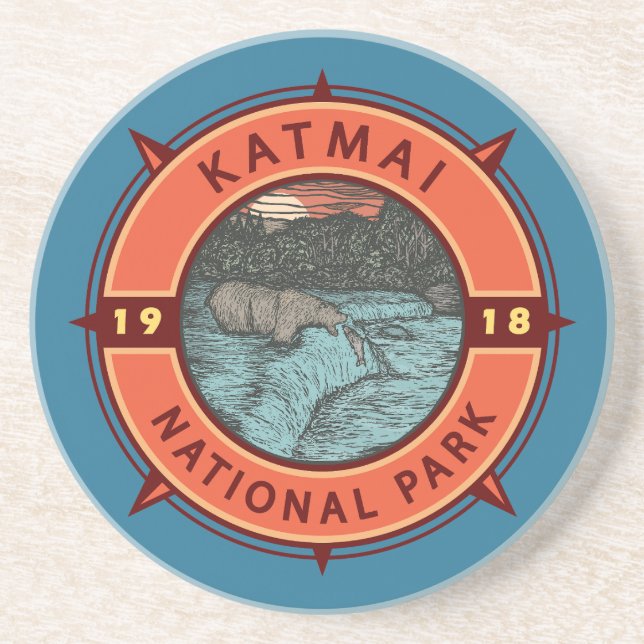 Katmai National Park Grizzly Bear Retro Compass Getränkeuntersetzer (Vorne)