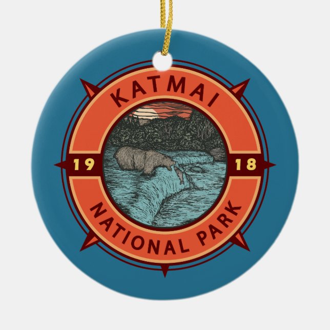 Katmai National Park Grizzly Bear Retro Compass Keramik Ornament (Vorne)