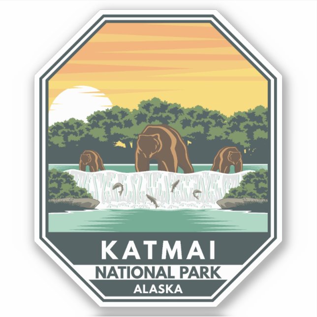 Katmai National Park Grizzly Bears Retro Emblem Aufkleber (Vorderseite)
