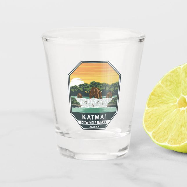 Katmai National Park Grizzly Bears Retro Emblem Schnapsglas (Vorderseite)