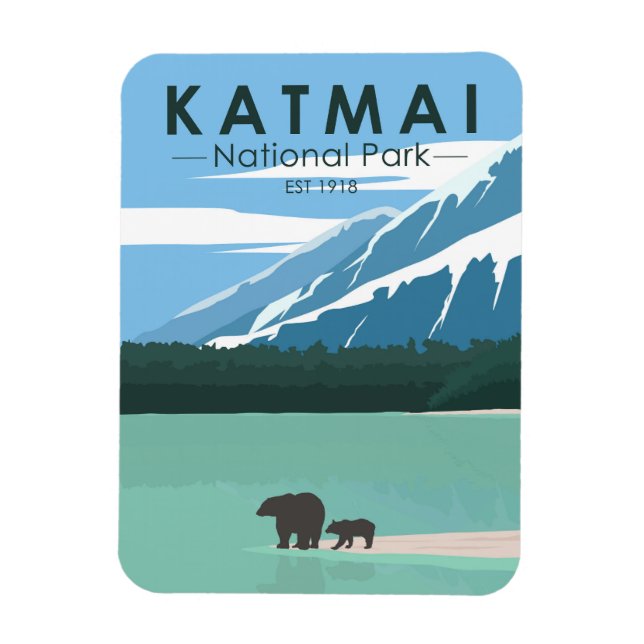 Katmai National Park Grizzly Bears Vintag Magnet (Vertikal)