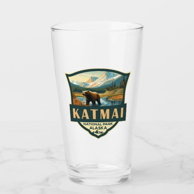 Katmai National Park Illustration Retro Abzeichen Glas (Vorderseite)