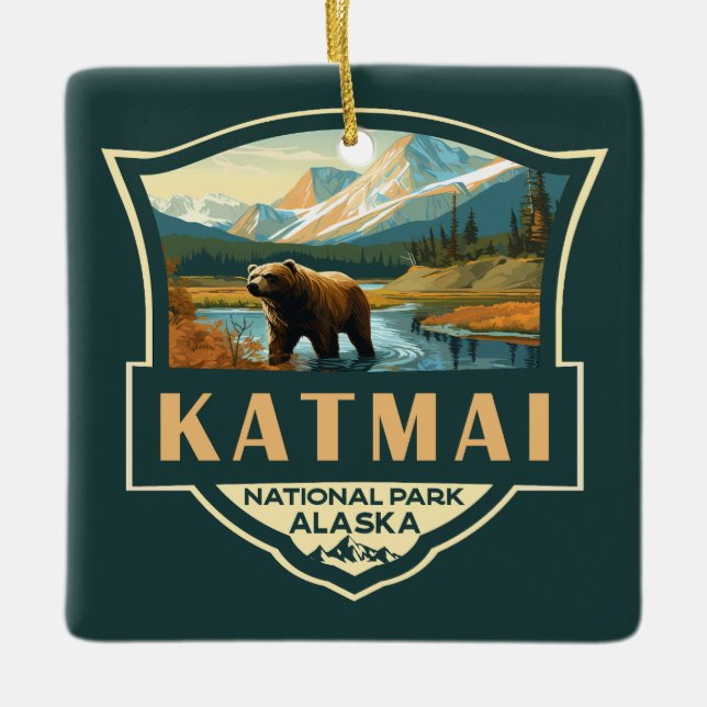 Katmai National Park Illustration Retro Abzeichen Keramikornament (Vorderseite)