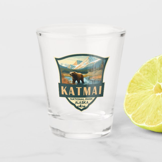 Katmai National Park Illustration Retro Abzeichen Schnapsglas (Vorderseite)