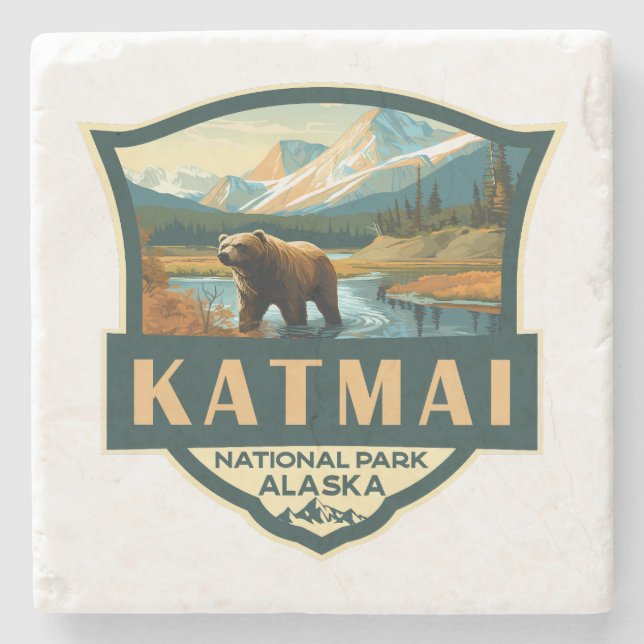 Katmai National Park Illustration Retro Abzeichen Steinuntersetzer (Vorderseite)