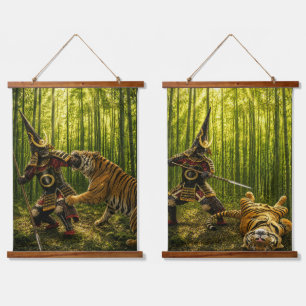 Kato Kiyomasa Samurai und Tiger Zweiteiliger Wandt Wandteppich Mit Holzrahmen