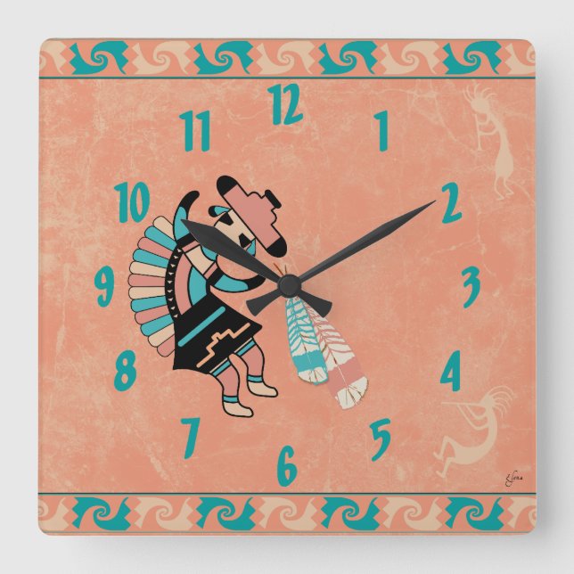 Katsina (Kachina) Dancer Quadratische Wanduhr (Vorderseite)