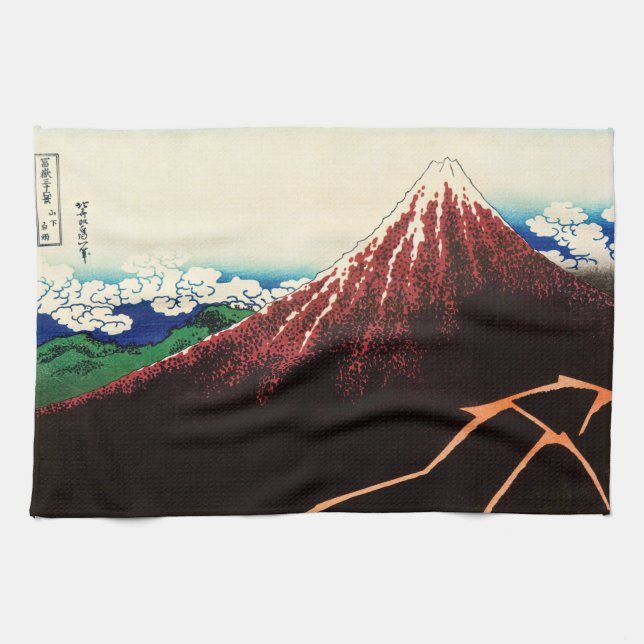 Katsushika Hokusai - Blitze unterhalb des Gipfels Geschirrtuch (Horizontal)