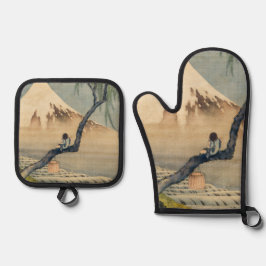 Katsushika Hokusai - Boy Viewing Mount Fuji Ofenhandschuh & Topflappen-Set
