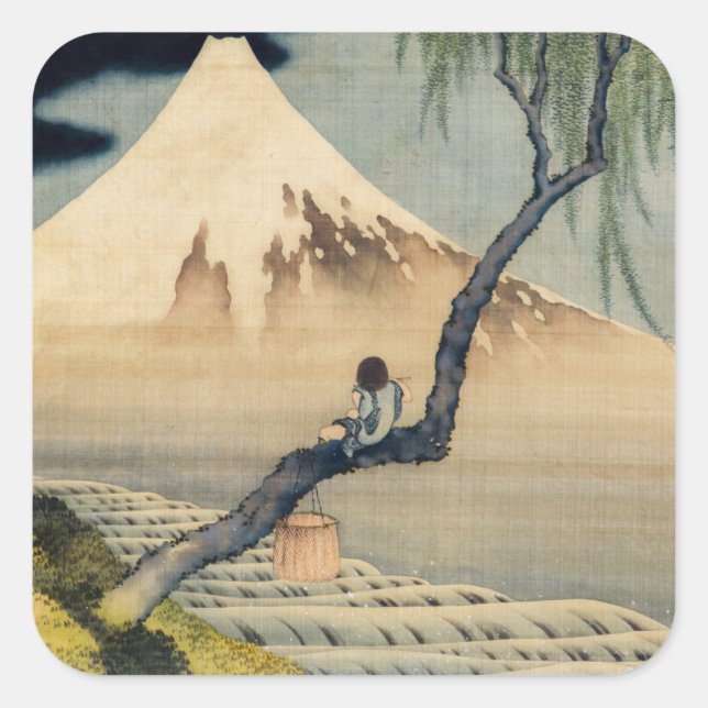 Katsushika Hokusai - Boy Viewing Mount Fuji Quadratischer Aufkleber (Vorderseite)