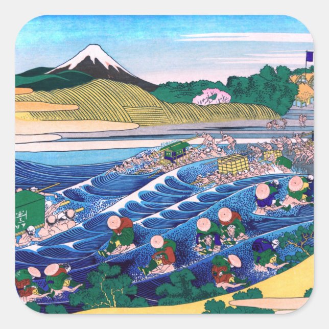Katsushika Hokusai - Fuji aus Kanaya auf Tokaido Quadratischer Aufkleber (Vorderseite)