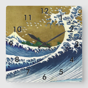 Katsushika Hokusai - Große Farbige Welle Quadratische Wanduhr