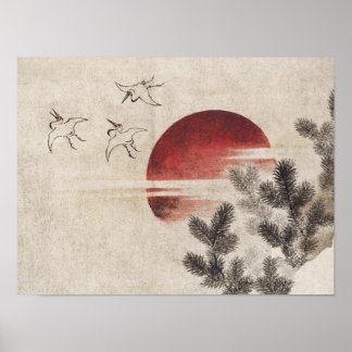 Katsushika Hokusai-Vögel und Sonnenuntergang Poster