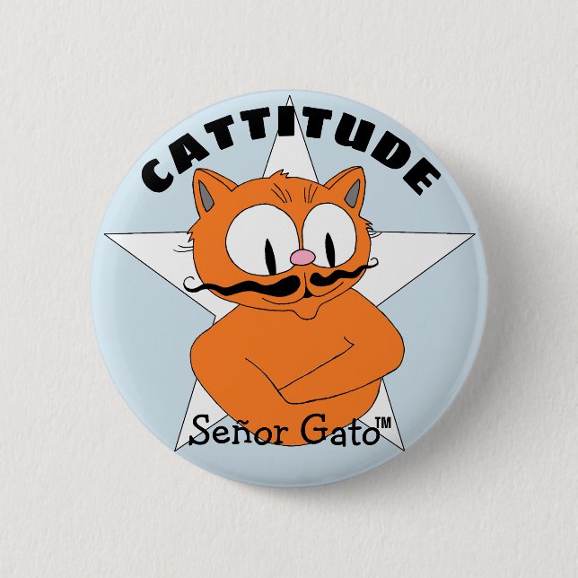 KATTITUDE Señor Gato Cartoon Mustache Cat Button (Vorderseite)