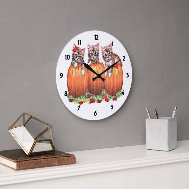 Kätzchen auf Pumpkins Wall Clock Große Wanduhr (Büro)