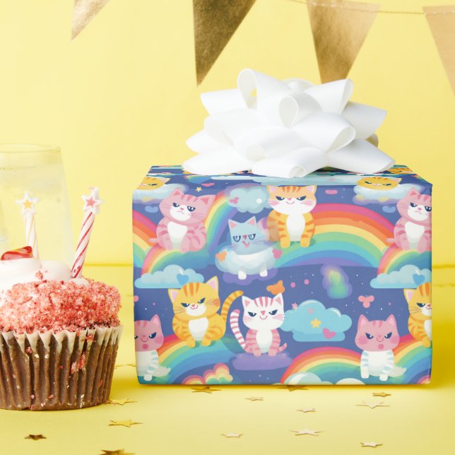 Kätzchen auf Regenbogenwolken Happy Cat Lover Geschenkpapier (Geburtstagsparty)