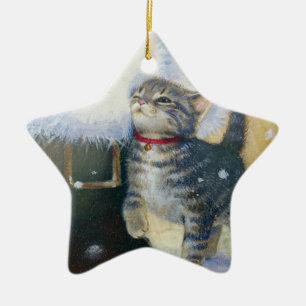 Kätzchen beim Weihnachtsboot Keramikornament
