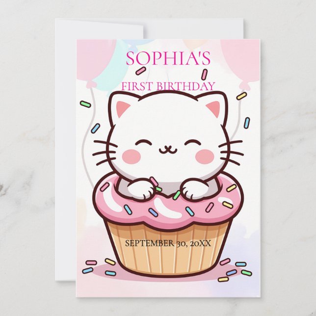 Kätzchen Cupcake Erster Geburtstag Einladung (Vorderseite)