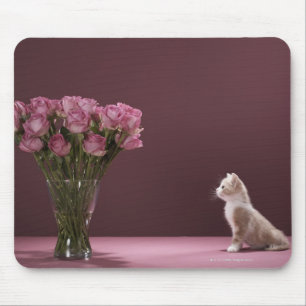 Kätzchen, das Vase Rosen betrachtet Mousepad