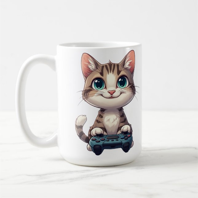 Kätzchen hält Spielcontroller, lächelnde Gamer-Kat Kaffeetasse (Links)