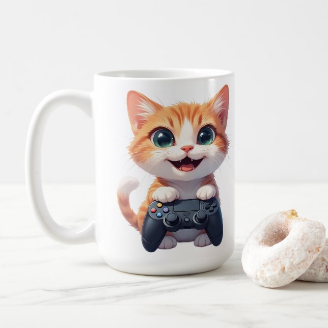 Kätzchen hält Spielcontroller, lächelnde Gamer-Kat Kaffeetasse (Mit Donut)