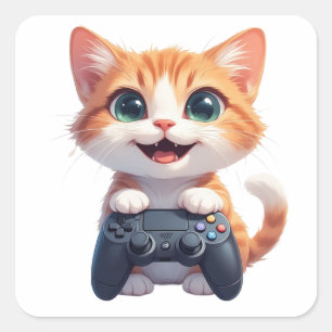 Kätzchen hält Spielcontroller, lächelnde Gamer-Kat Quadratischer Aufkleber