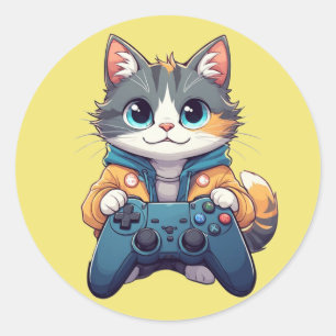 Kätzchen hält Spielcontroller, lächelnde Gamer-Kat Runder Aufkleber