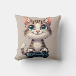 Kätzchen hält Spielcontroller lächelnde Gamer-Katz Kissen