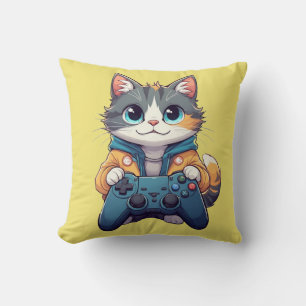 Kätzchen hält Spielcontroller, lächelnder Gamer-Ka Kissen